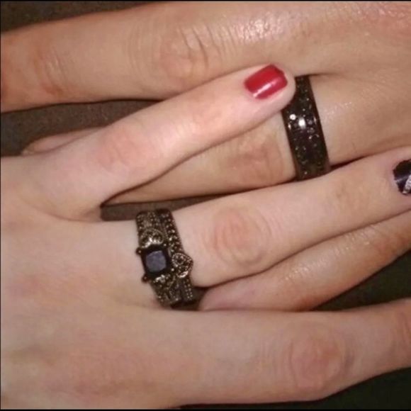 Men's Black Rhodium Over Stainless Steel and Sapphire Wedding Ring 10 - Picture 3 of 7